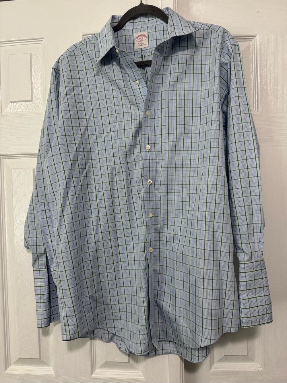 Brooks Brothers Light Blue Dress Shirt with Green‎ Windowpane
